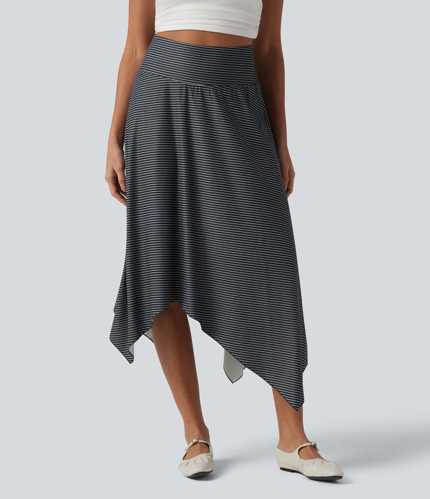 Jupe midi fluide casual taille haute à rayures et ourlet asymétrique mouchoir