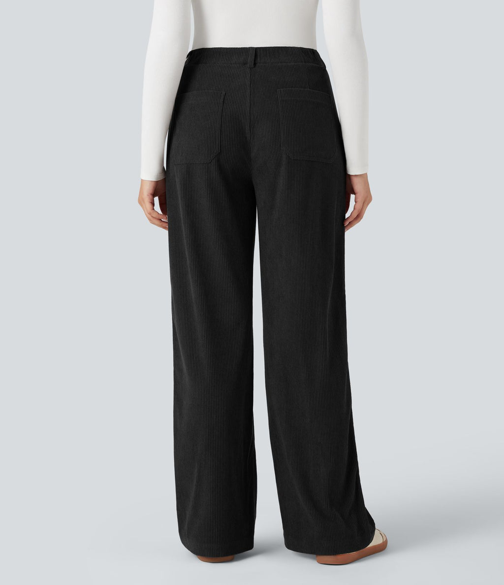 Pantalon décontracté large en velours côtelé, taille haute, avec poches