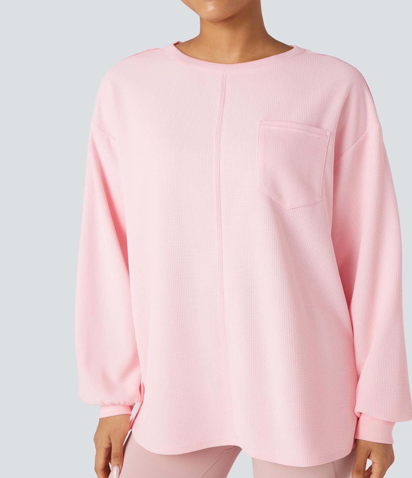 Sweat-shirt gaufré oversize col rond manches longues ourlet fendu avec poches