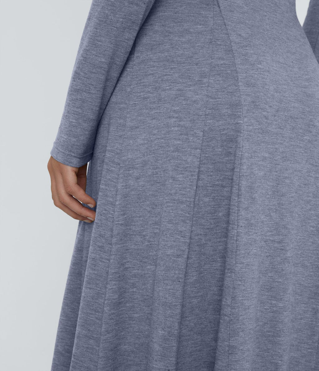 Robe de Casual Maxi Manches Longues Évasées et Boutons au Col Rond