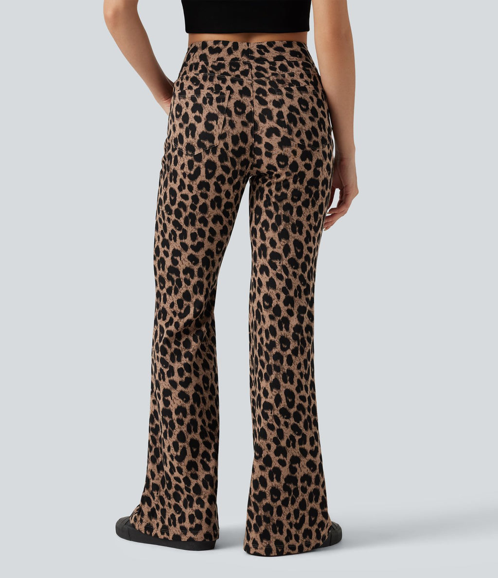 Pantalon flare taille haute en tissu gaufré imprimé léopard avec poches
