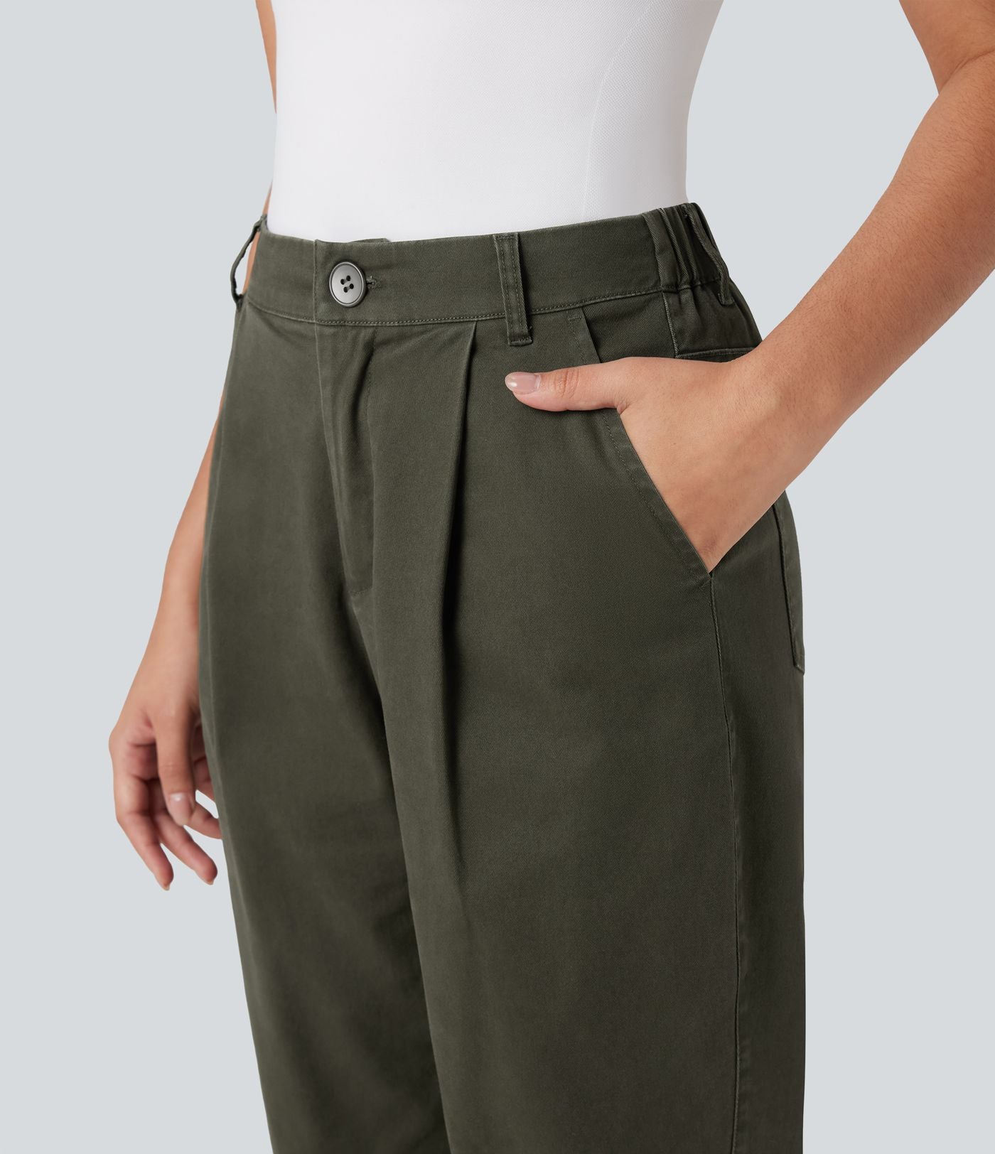 Pantalon chino coton fuselé taille haute avec poches