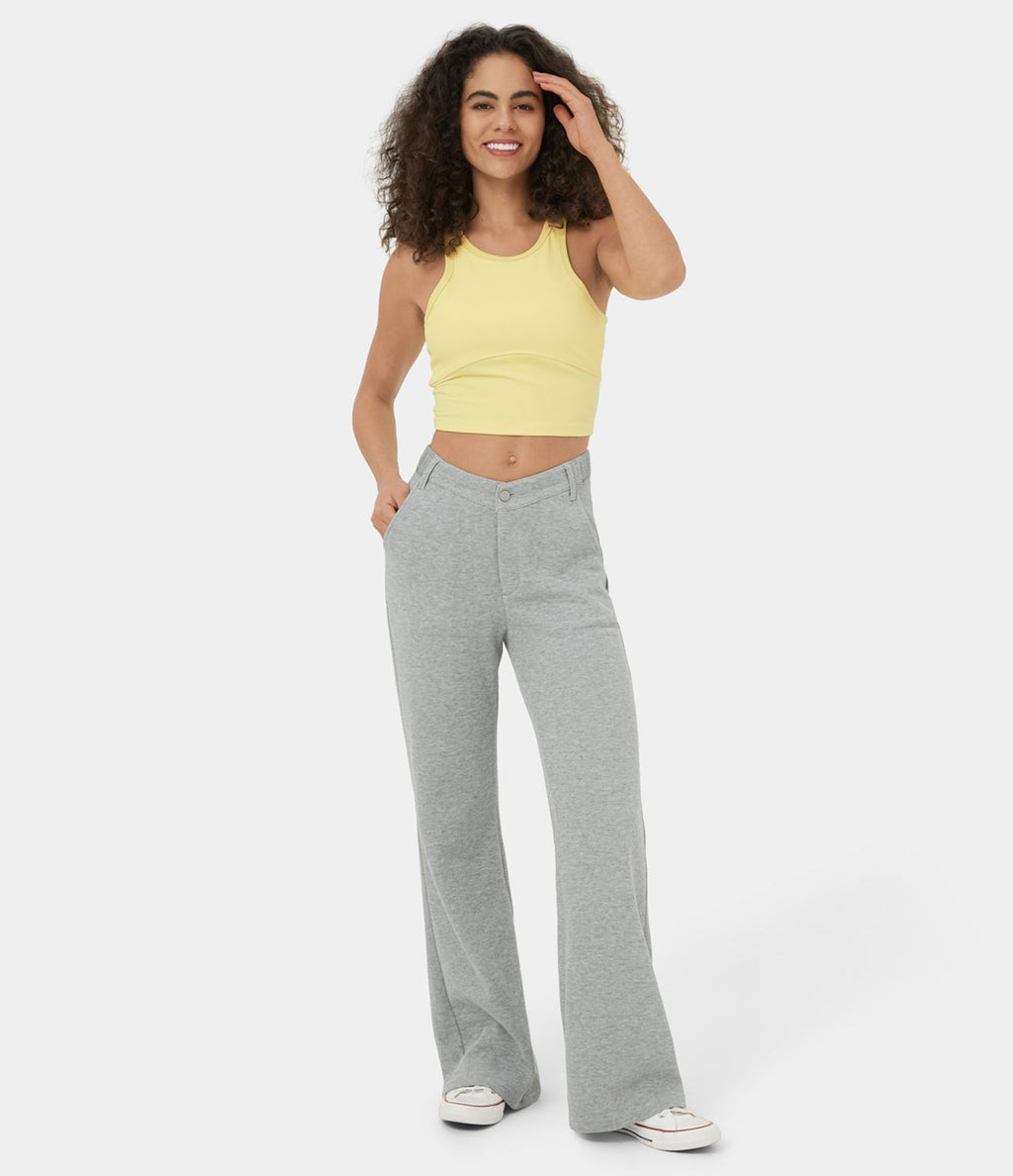 Pantalon Survêtement Coton Casual Évasée Taille Mi-Haute Ceinture Forme V Boutonnés Fermeture Éclair Poches