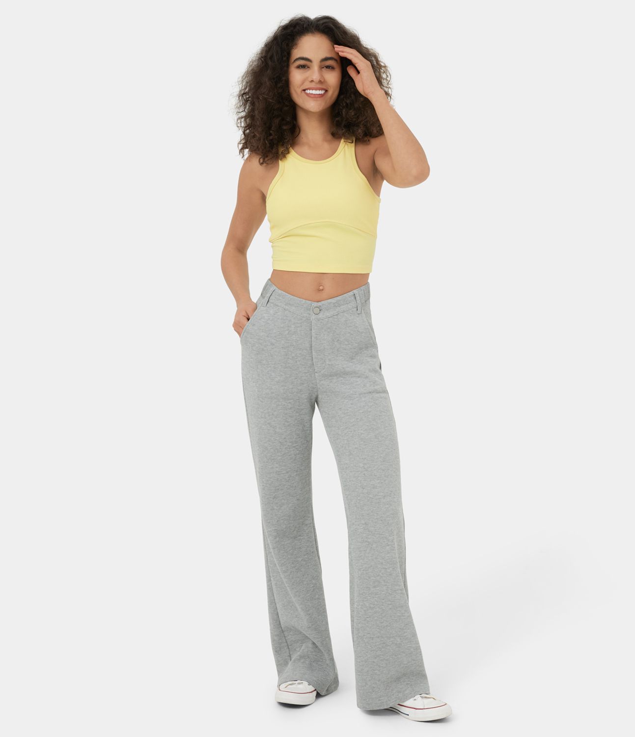 Pantalon Survêtement Coton Casual Évasée Taille Mi-Haute Ceinture Forme V Boutonnés Fermeture Éclair Poches