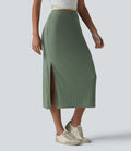 Jupe midi moulante côtelée taille haute aspect lin décontractée