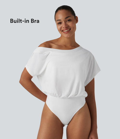 Body casual asymétrique une épaule à manches courtes, séchage rapide et soutien-gorge intégré