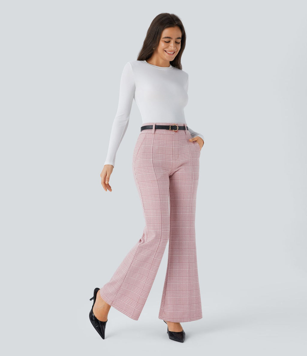 Halara Flex™ Pantalon tailleur évasé à carreaux pied-de-poule, taille haute avec boutons décoratifs et poches latérales