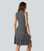 Robe mini décontractée à rayures col rond sans manches ourlet à volants superposés en maille côtelée