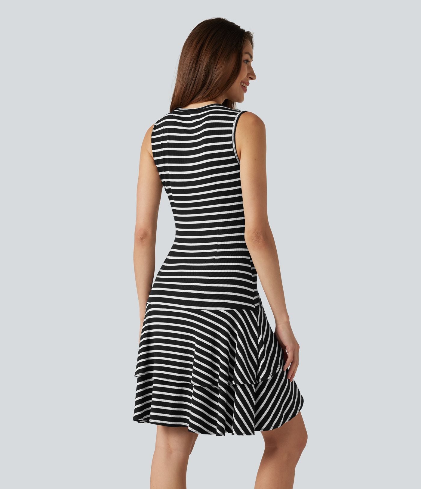 Robe mini décontractée à rayures col rond sans manches ourlet à volants superposés en maille côtelée