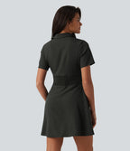 Robe chemise courte casual col manches courtes avec fronces et taille cintrée à rayures