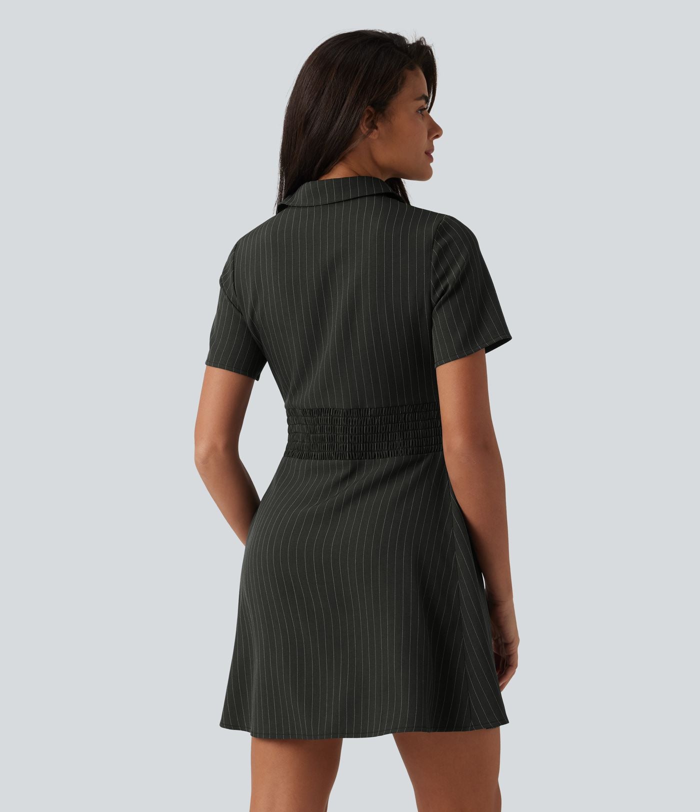 Robe chemise courte casual col manches courtes avec fronces et taille cintrée à rayures