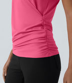 Blouse Travail Unie Froncée Croisée Manches Courtes Col en V