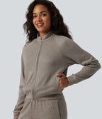 Veste casual côtelée à col montant, manches longues et fermeture zippée avec poches