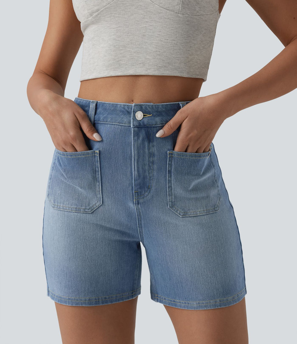 Short denim décontracté Halara Flex™ délavé taille haute 10 cm avec poches