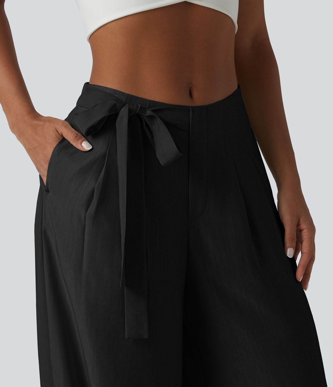 Pantalon large fluide taille haute en lin mélangé avec poches et liens latéraux