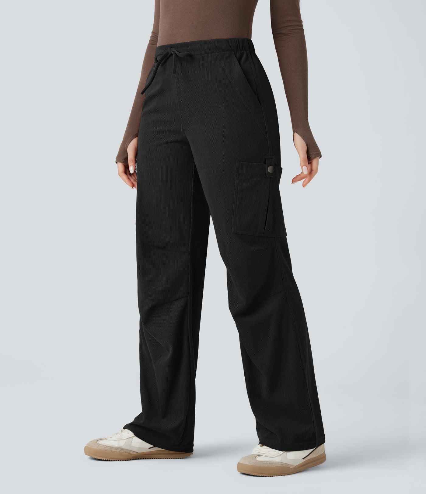Pantalon jogging cargo velours côtelé coupe droite taille mi-haute avec cordon de serrage et poches