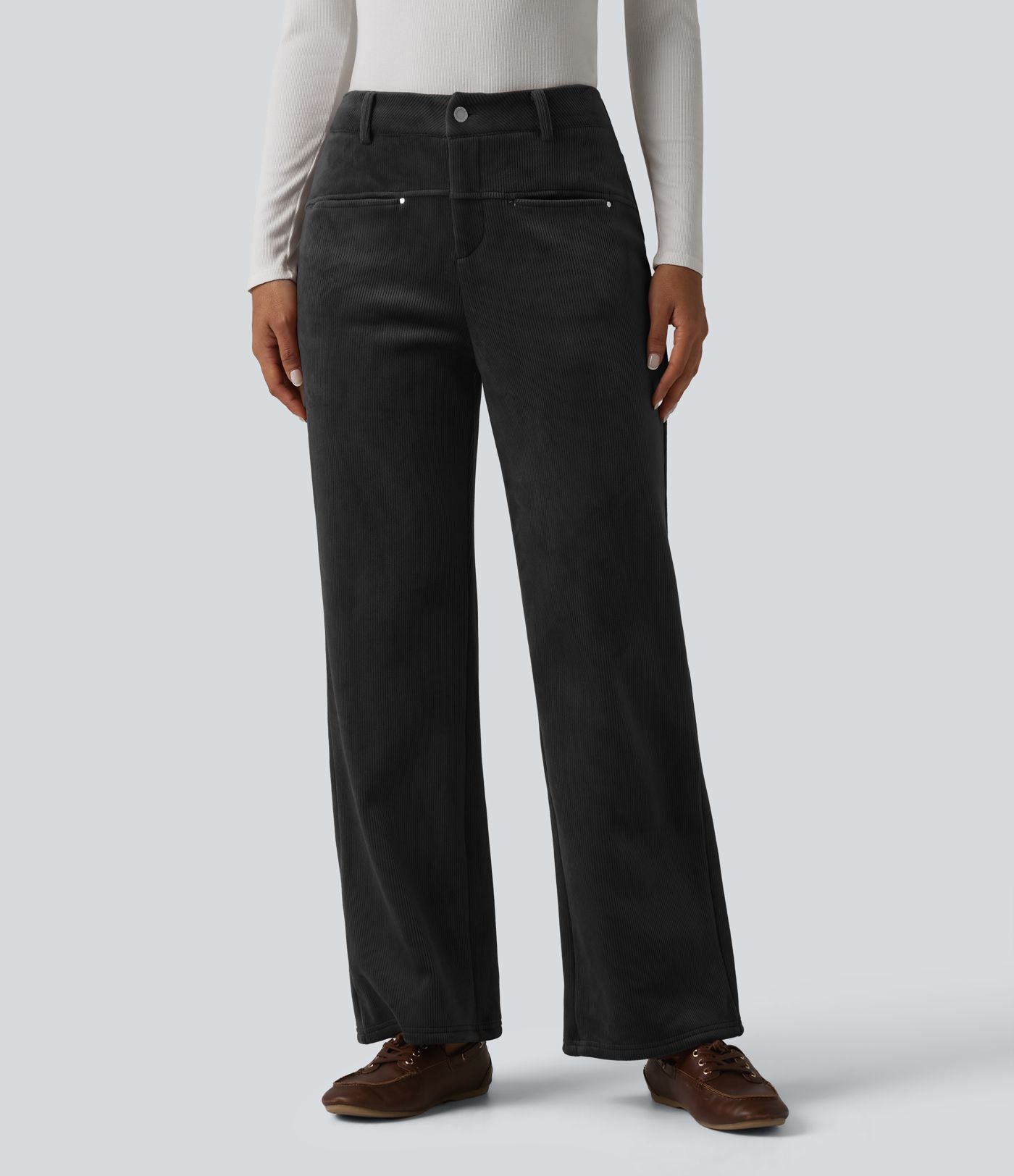 Pantalon droit casual en velours côtelé molletonné taille mi-haute avec poches