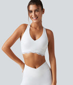 Halara UltraSculpt™ Brassière de sport maintien léger col V avec coussinets amovibles, dos nageur et dentelle contrastée
