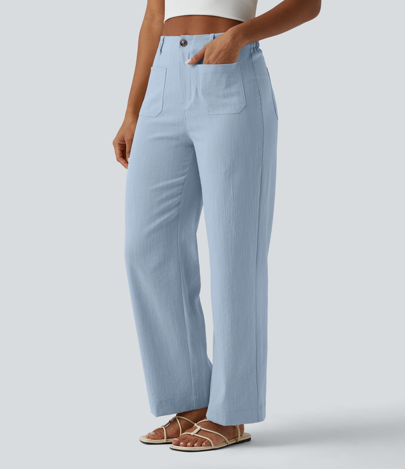 Pantalon taille haute coupe droite effet lin avec poches