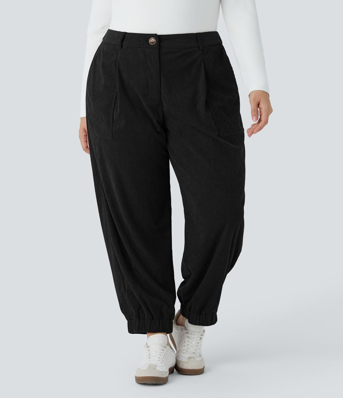 Pantalon décontracté en velours côtelé taille mi-haute grande taille avec bouton, fermeture éclair et poches multiples