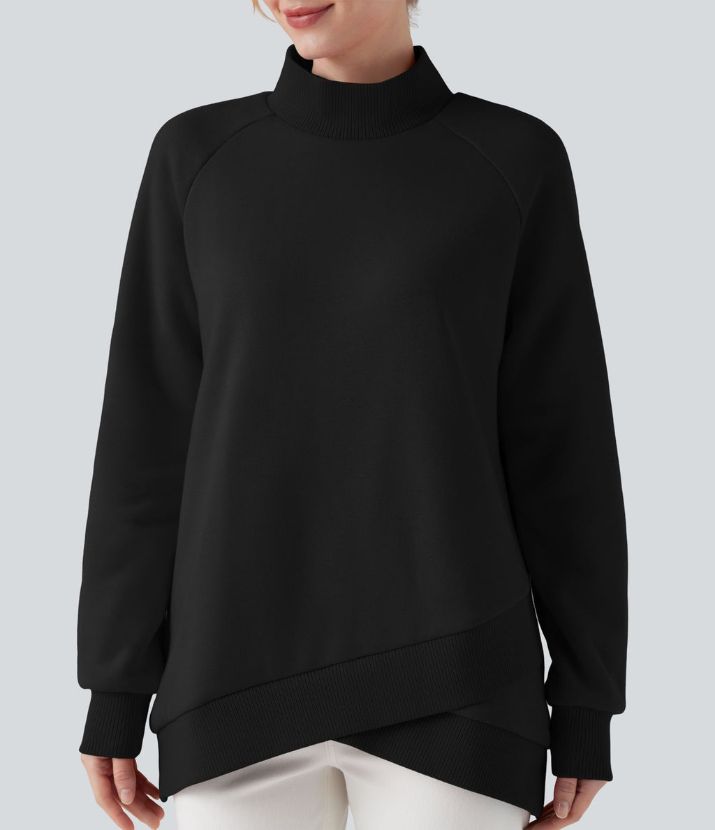 Sweat décontracté polaire col montant à manches raglan et ourlet croisé