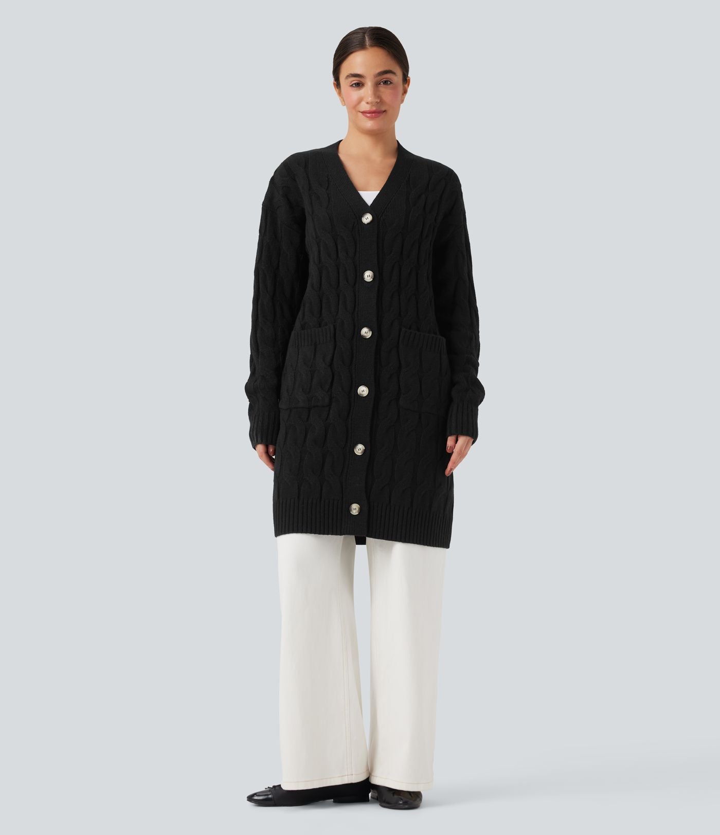 Cardigan décontracté long col V manches longues avec poches