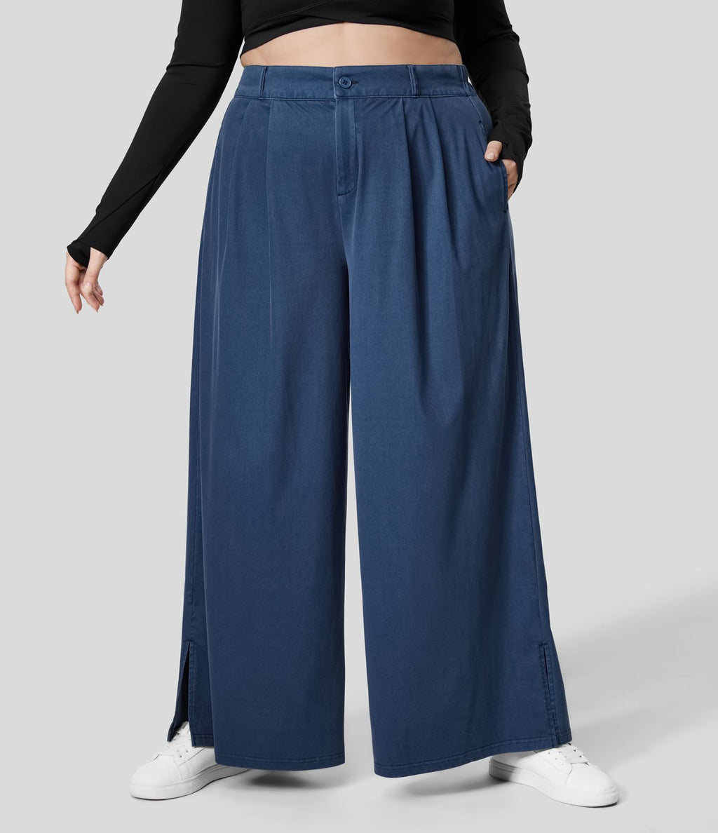 Pantalon Large Casual Taille Haute Boutonnés Fermeture Éclair Plissé Poches Latérales Ourlet Fendu Grande Taille