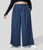 Pantalon Large Casual Taille Haute Boutonnés Fermeture Éclair Plissé Poches Latérales Ourlet Fendu Grande Taille