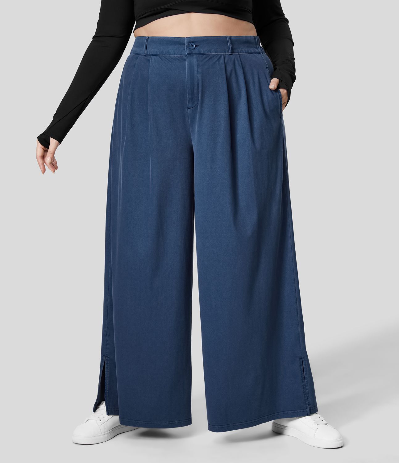 Pantalon Large Casual Taille Haute Boutonnés Fermeture Éclair Plissé Poches Latérales Ourlet Fendu Grande Taille