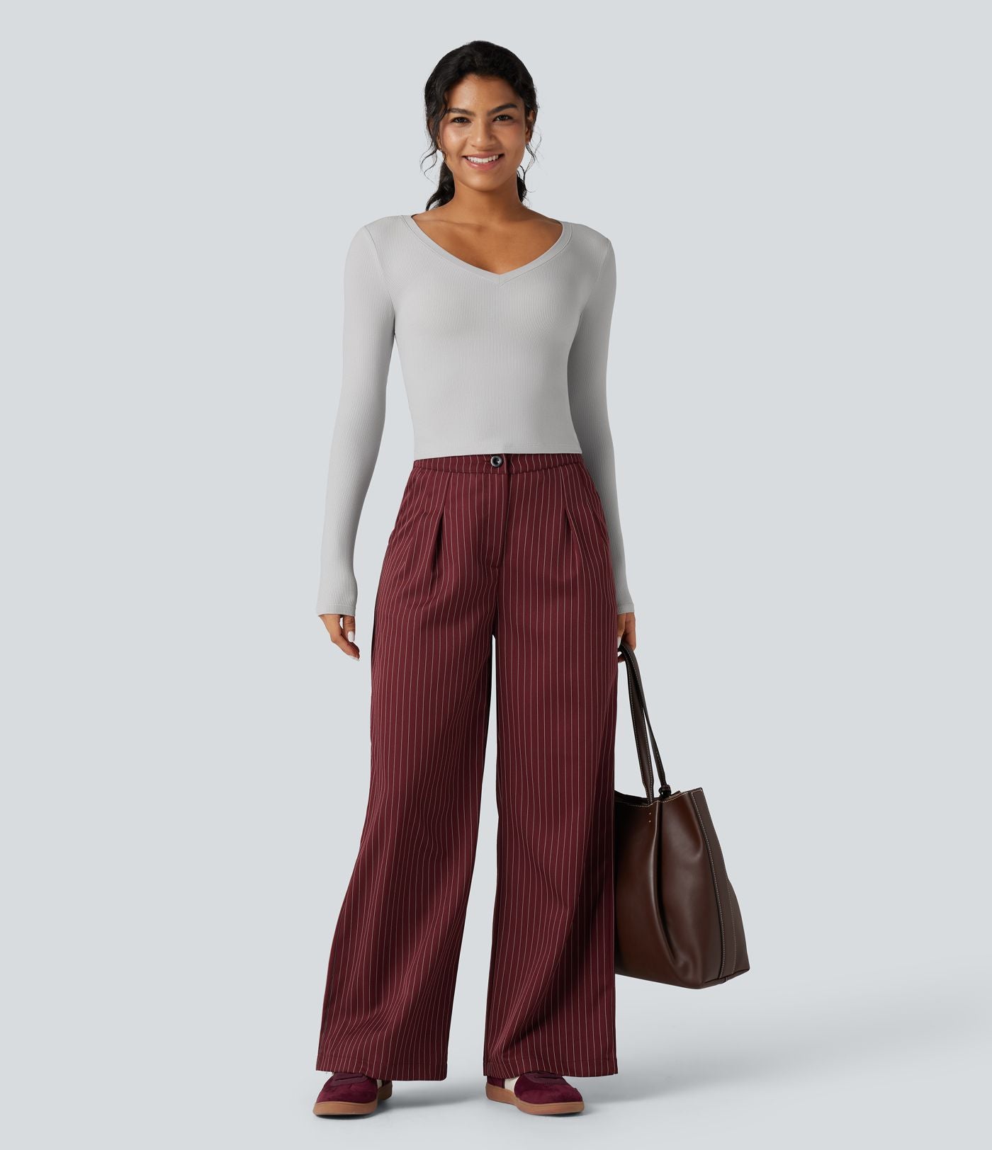T-shirt tailleur côtelé court col V manches longues