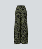 Pantalon large décontracté taille haute gaufré imprimé léopard avec poches