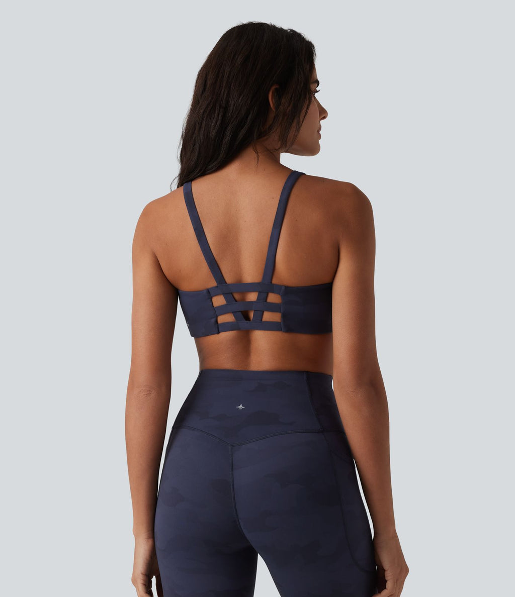 Halara UltraSculpt™ Brassière de sport yoga maintien léger col U à découpes imprimé camouflage