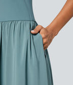 Breezeful™ Robe Débardeur Casual Dos Nu Poches Latérales Plissée Évasée Longue Séchage Rapide