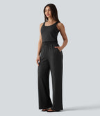 Combinaison casual baggy chinée sans manches à col U et cordon de serrage avec poches — Édition Easy Peasy