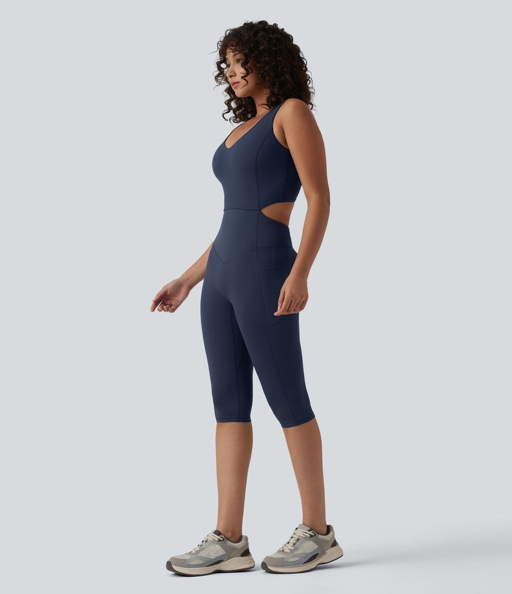 Combinaison sport gainante push-up col V longueur genoux Halara UltraSculpt™ avec poches - Édition Easy Peasy