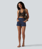 Halara Flex™ Short casual en jean skinny gainant taille haute à ourlet arrondi avec poches