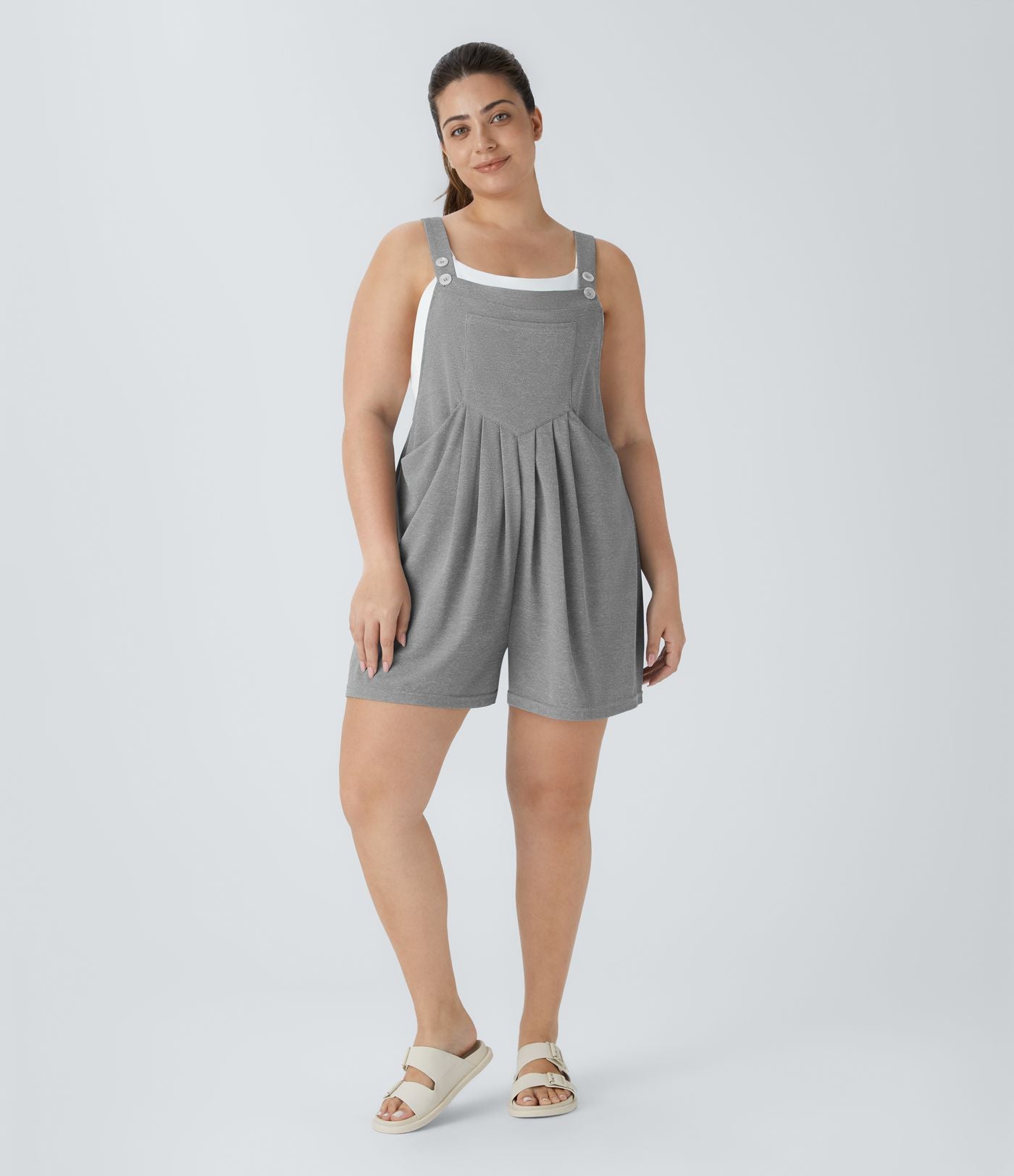 Salopette Casual en Gaufré avec Bretelles Réglables Boutons et Poches Multiples Grande Taille