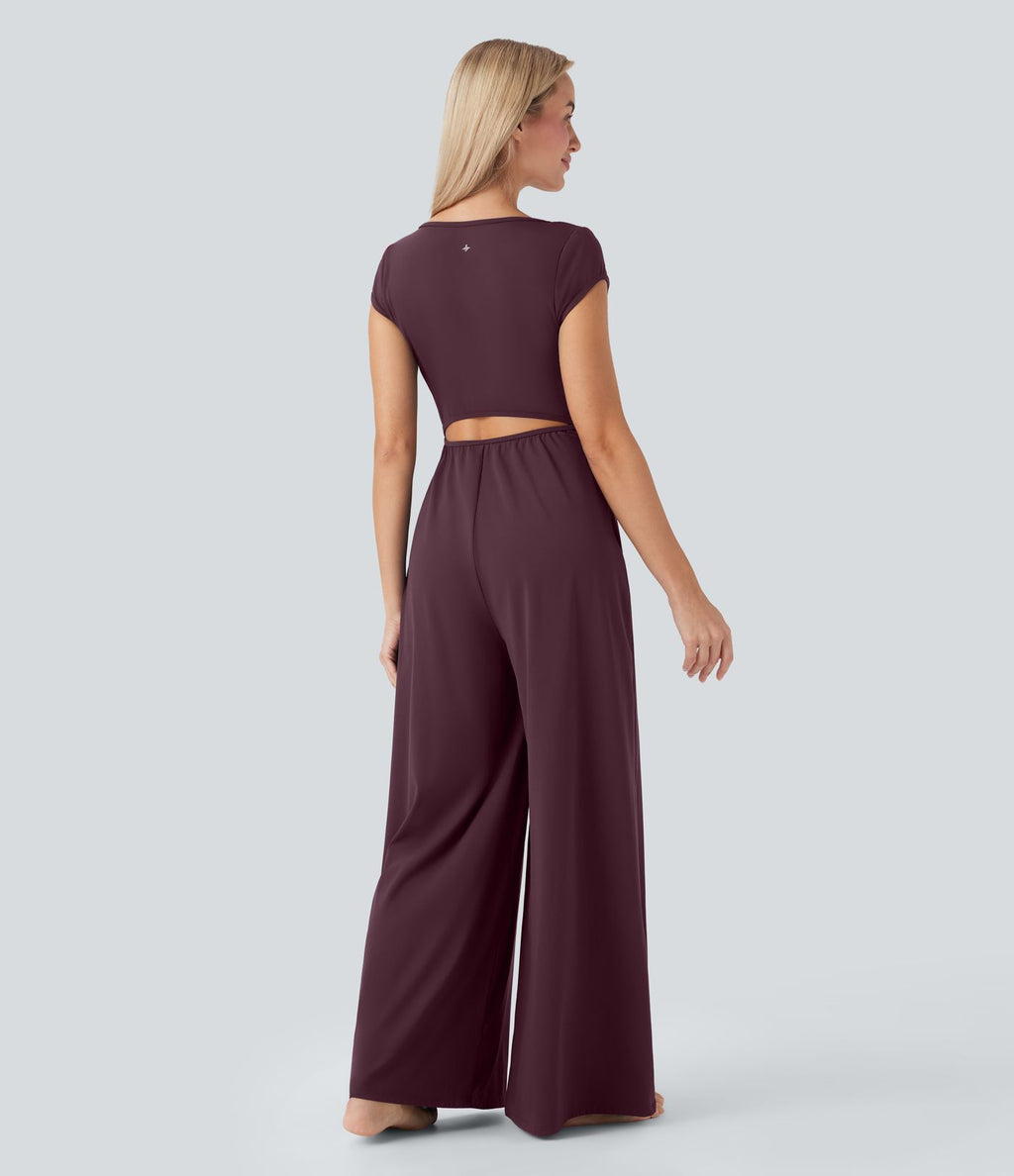 Combinaison de yoga Softlyzero™ Airy Cool Touch à col cranté, manches courtes, jambes larges et poches latérales - Édition Easy Peasy