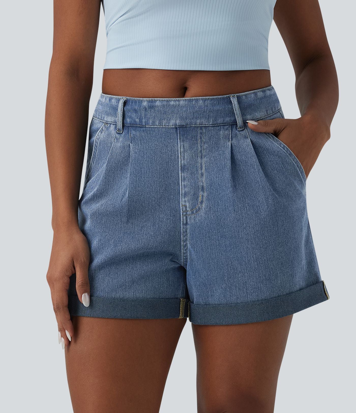 Halara Flex™ Short casual en denim taille mi-haute à ourlet retroussé avec poches