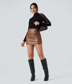 Jupe courte moulante 2-en-1 SoCinched gainante taille haute similicuir polaire froncée ourlet arrondi