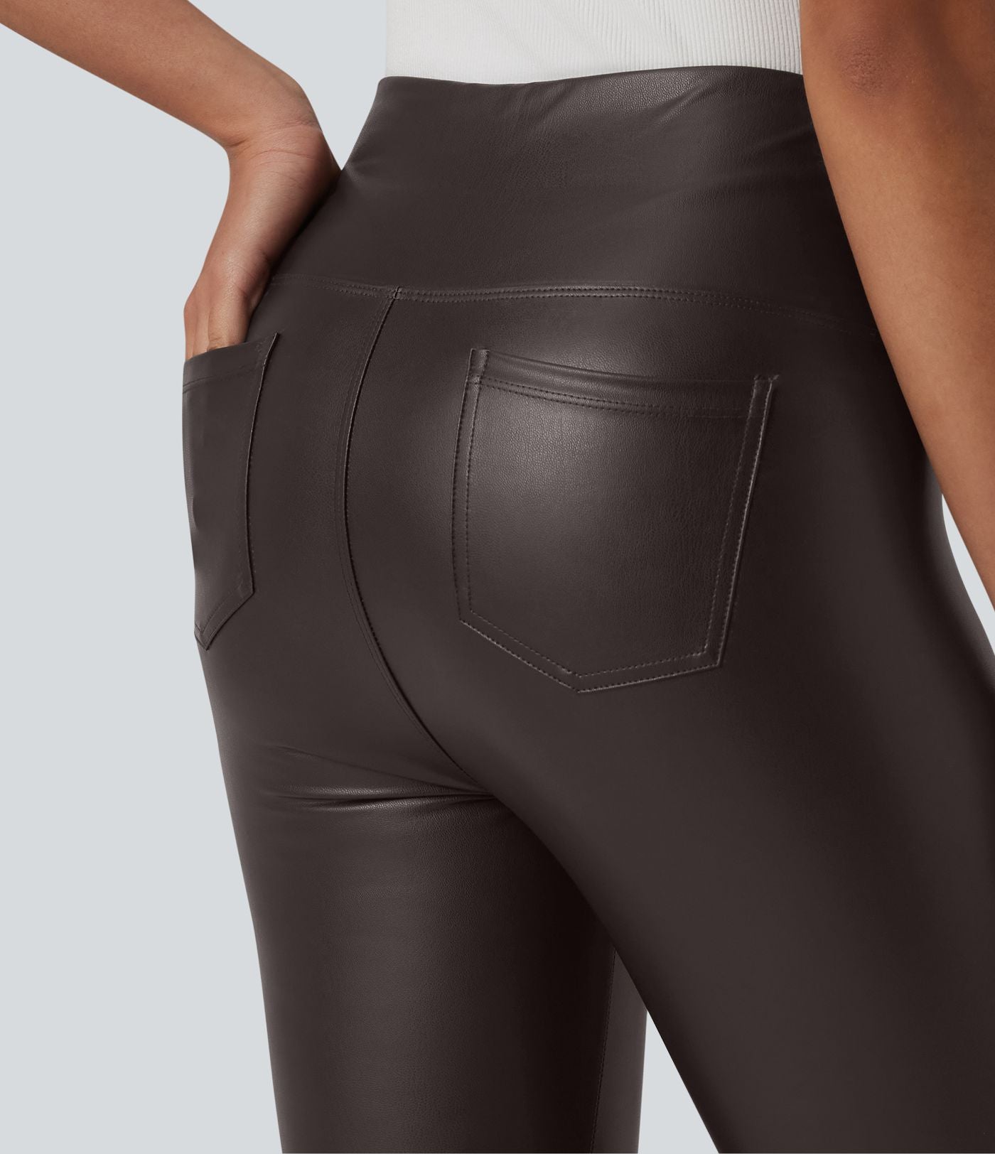 Legging casual 7/8 taille haute ventre plat en similicuir extensible, avec poches