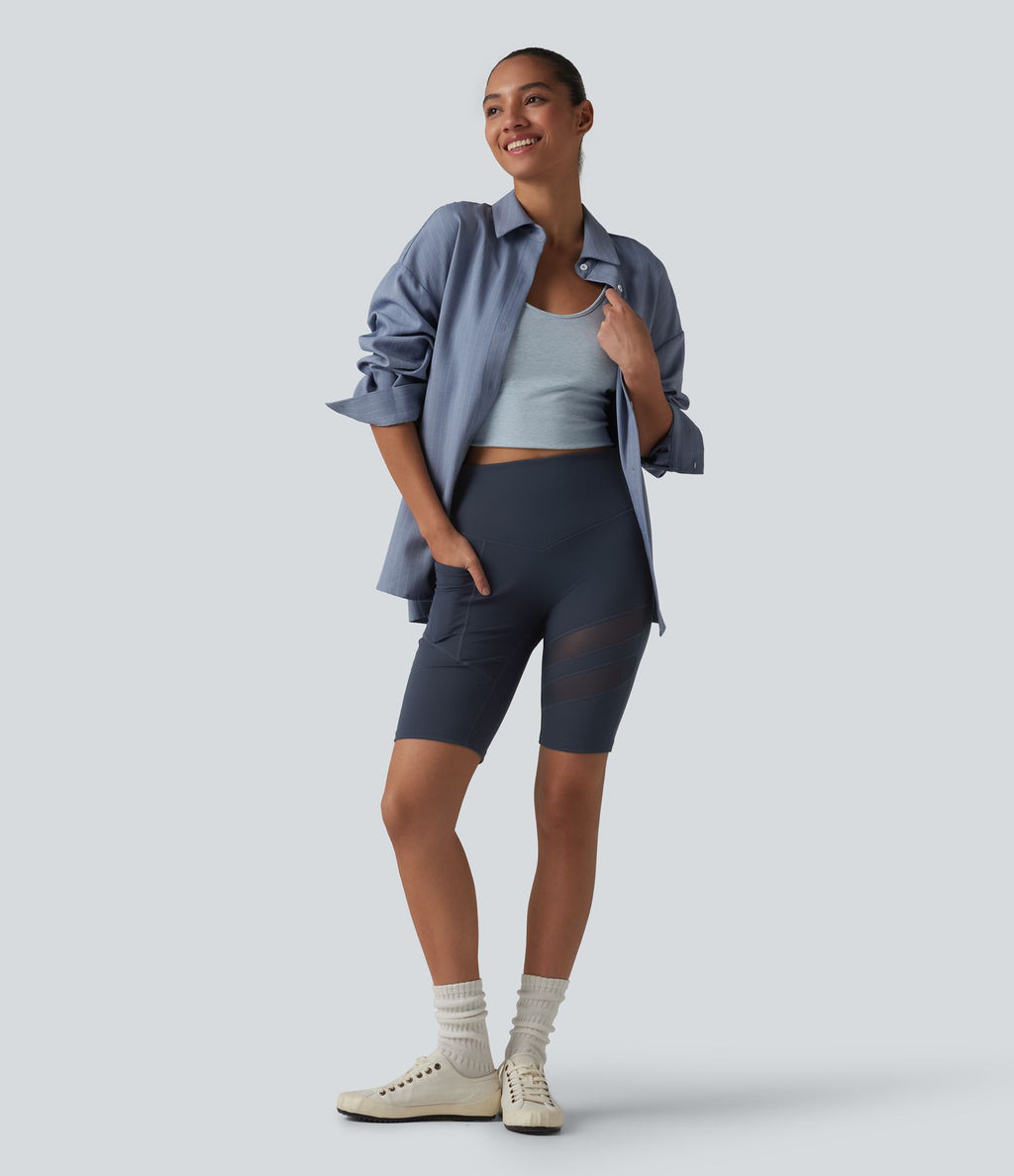 Short cycliste décontracté DayStretch taille haute gainant et push-up avec empiècement en mesh contrasté, 24 cm, poche
