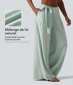 Pantalon large fluide taille haute en lin mélangé avec poches et liens latéraux
