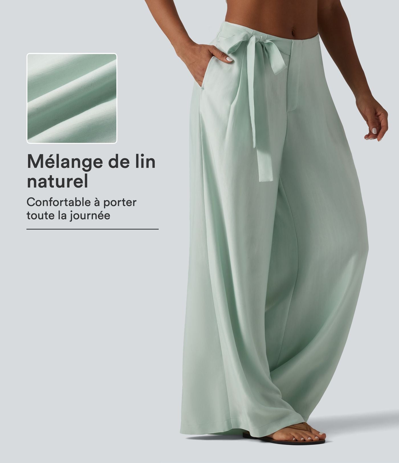 Pantalon large fluide taille haute en lin mélangé avec poches et liens latéraux