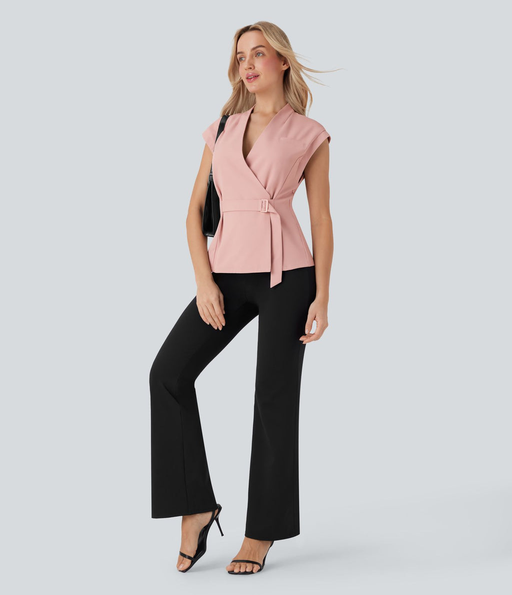 Veste short tailleur à col V, sans manches, portefeuille et ceinture