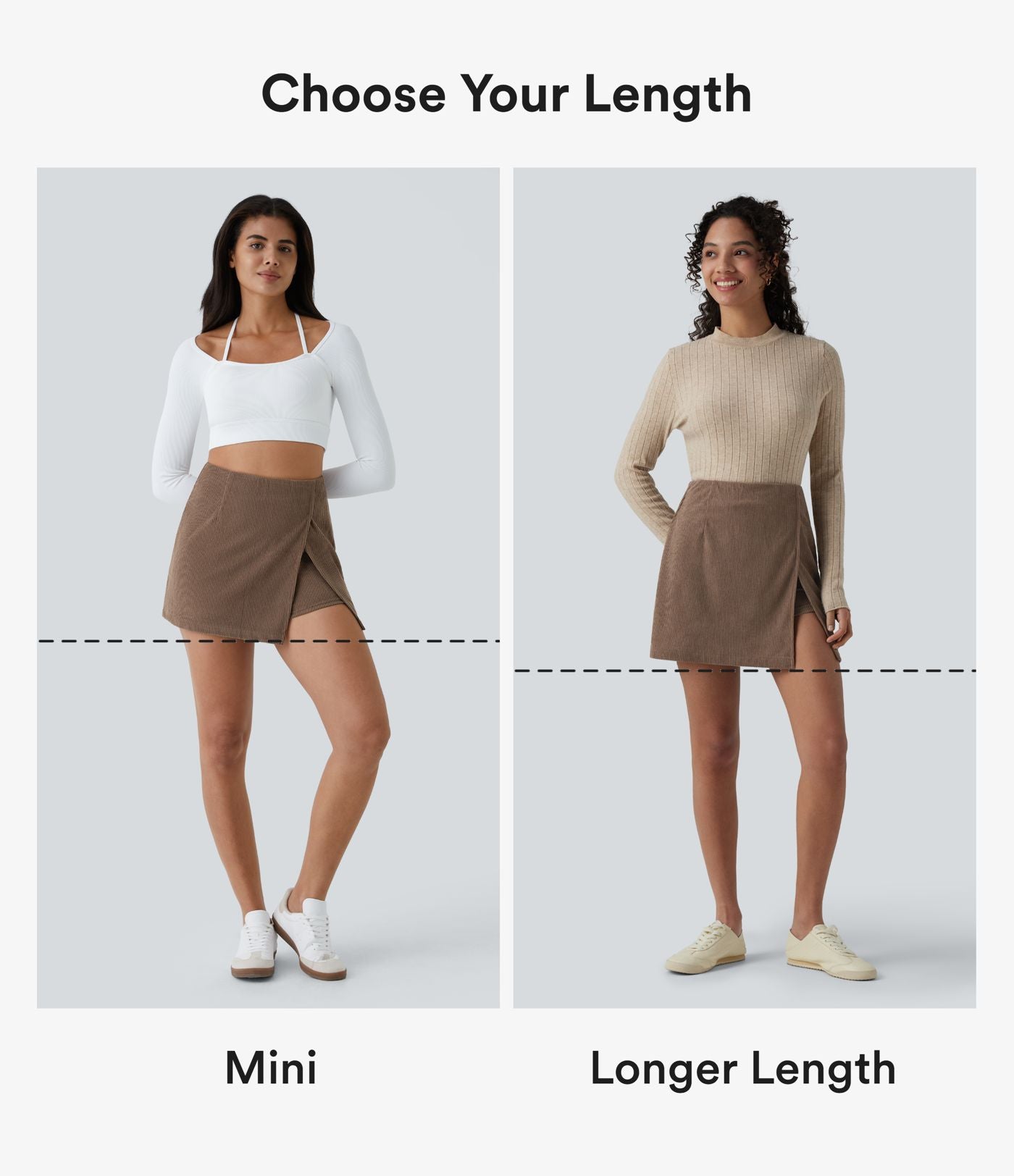 Jupe-short décontractée taille haute en velours côtelé avec zip arrière et fentes - Longueur plus longue
