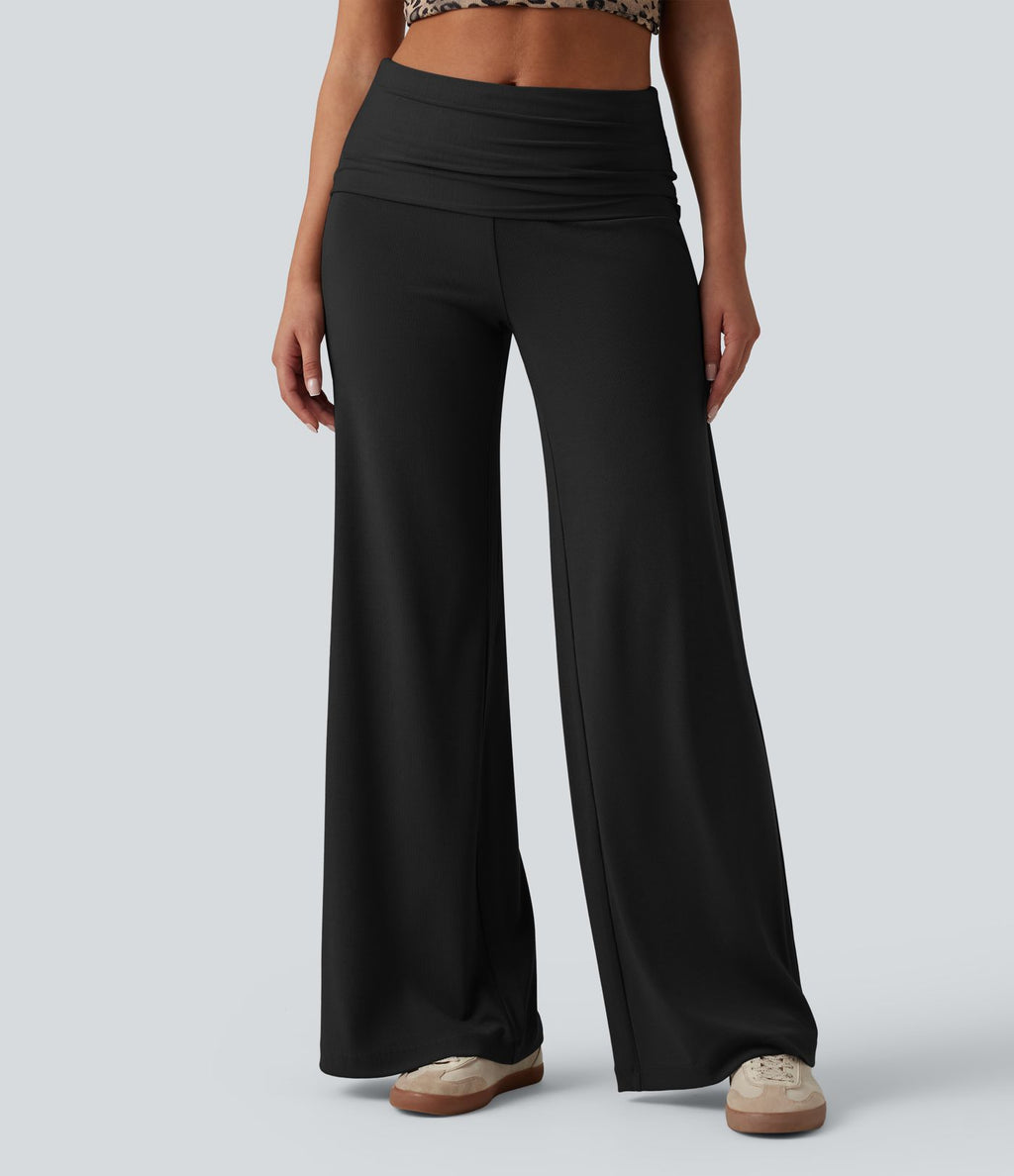 Pantalon ample décontracté en maille côtelée taille très haute rabattable avec poches