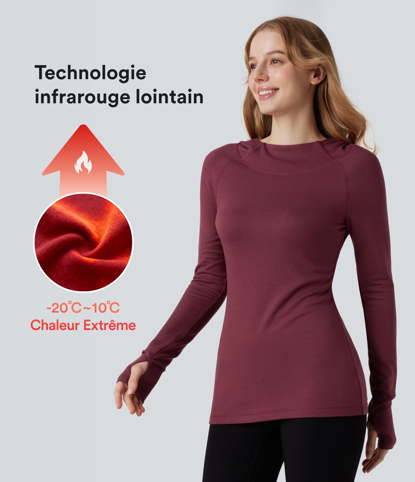Haut de sport yoga chauffant à capuche à manches longues avec passants pouces Halara HeatCore