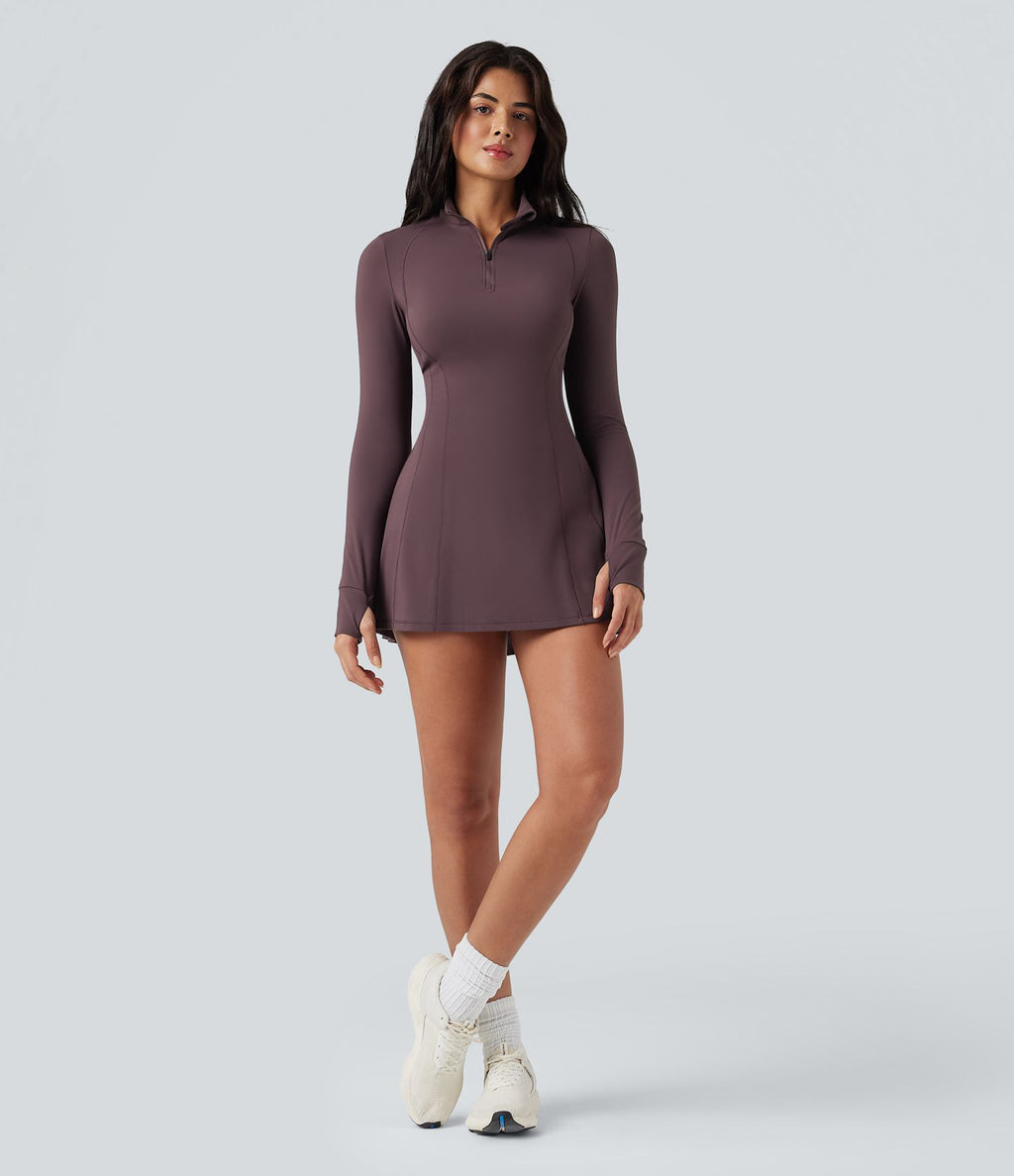 Robe de tennis active courte SoftlyZero™ Plush 2-pièces demi-zip manches longues avec trous pouces et poches