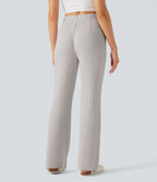 Pantalon décontracté évasé maille gaufrée taille haute avec poches